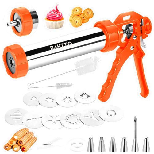 PAHTTO Churro Maker Machine, 3-in-1 Multifunctional Hollow Churros Machine, Churreras para Churros, Stainless Steel Churro/Cookie Making Kit with Piping Bag, 2 Brushes, 10 Discs and 7 Icing Piping Nozzles
