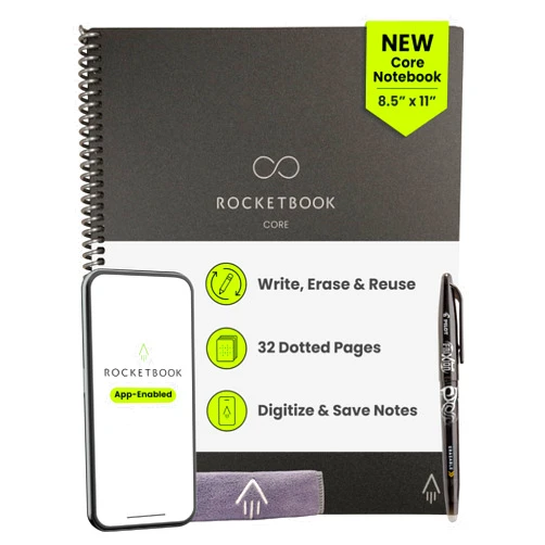 Rocketbook Core Reusable Smart Notebook, Dot Grid Pages For School, Work and Creative Projects, Letter Size 8.5x11, Black - Premium