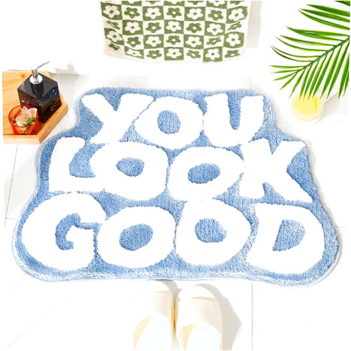 DyeFury You Look Good Bath Mat Cute Cool Bathroom Rugs Funny Bathroom Mats Fun Funky Decor Non Slip Bath Rug, Trendy Blue Bath Shower Mat, 25