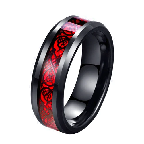 Tanyoyo 8mm Red Carbon Fiber Black Celtic Dragon Ring For Men Beveled Edges Wedding Band