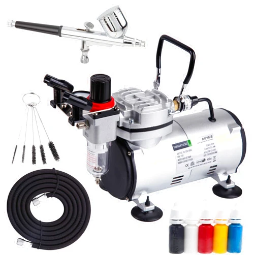 Timbertech Airbrush Kit With Compressor AS18-2K Basic Start Kit With Air Hose, Cleaning Brushes, and Test Paints for Hobby, Body Tattoo, Model painting, Automotive Graphic, Make-up