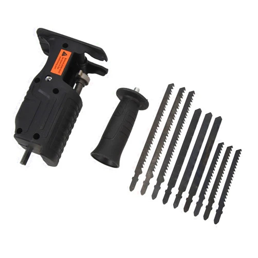 PerGar Electric Reciprocating Saw Adapter Attachment Kit, Portable Drill Saw Modified Tool Attachment with 9 Replacement Saw Blades and Handle for Metal Wood Cutting Jig Saws