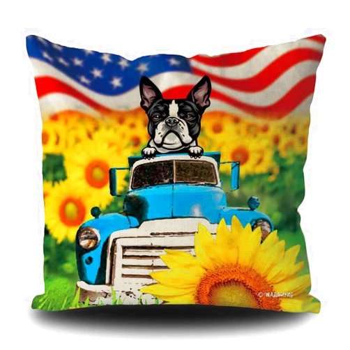 MALIHONG July of 4th Dog Pillowcase Peeking Dog Boston Terrier in Blue Retro Truck Sunflower USA Flag Patriotic Linen Throw Pillow Cover for Sofa Bed 20x20 Inch