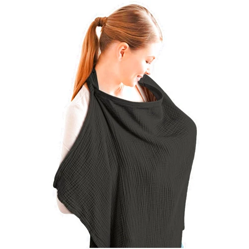 Konssy Muslin Nursing Cover for Baby Breastfeeding, Breathable 100% Cotton Breastfeeding Cover with Rigid Hoop for Mother Nursing Apron, Multi-use Carseat Canopy (Black)