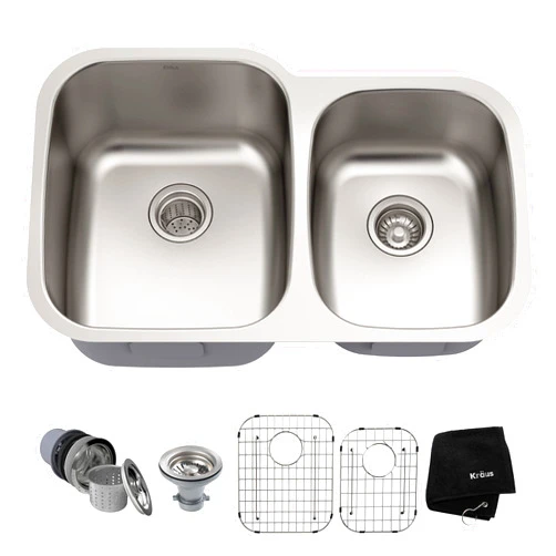 KRAUS Premier 32-inch 16 Gauge Undermount 60/40 Double Bowl Stainless Steel Kitchen Sink, KBU24