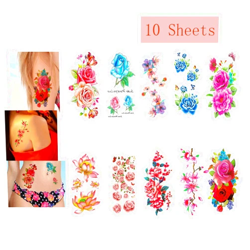 LINGREAL 10 Sheets Size Safe Temporary Tattoos Transfer Stickers(Lotus Cherry Blossoms,Lily, Peach, Plum, Peony,Cherry) for kids,girls, Women Adults