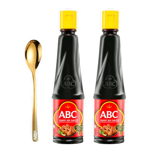 Moofin Kecap Manis 20.2 fl oz - Rich & Sweet Soy Sauce for Stir-Frying, Grilling & Dipping with Moofin Golden SS Spoon, Quality Ingredient Long Shelf Life, Versatile Dark Soy Sauce Compatible (Pack of 2