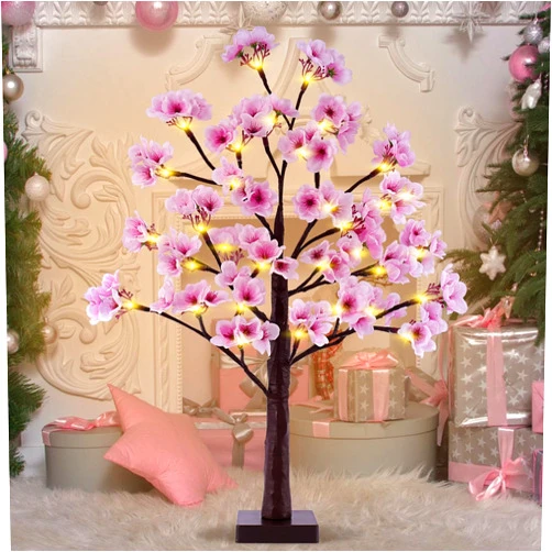TiYiViRi 24 Inch Cherry Blossom Tree with 28 LED Lights, 84 Lush Pink Flowers, Artifical Lighted Bonsai Tree with Timer Battery/USB Plug for Valentine's Day Wedding Party Spring Christmas Home Decoration