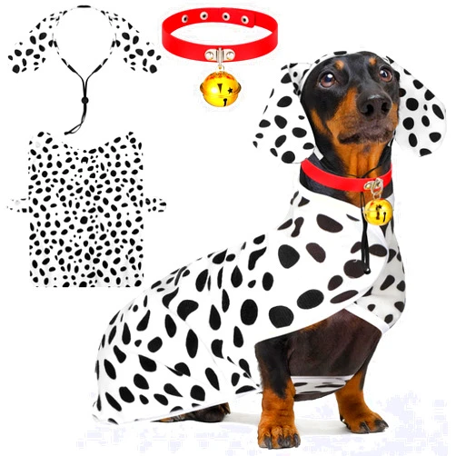 Dansydaisy 3 Pcs Dalmatian Small Dog Costume Set Cute Dalmatian Dog Poncho Headband and Red Collar with Bell Animal Print Cosplay Costumes Soft Coat for Pet Daily Holiday Dress up Accessories