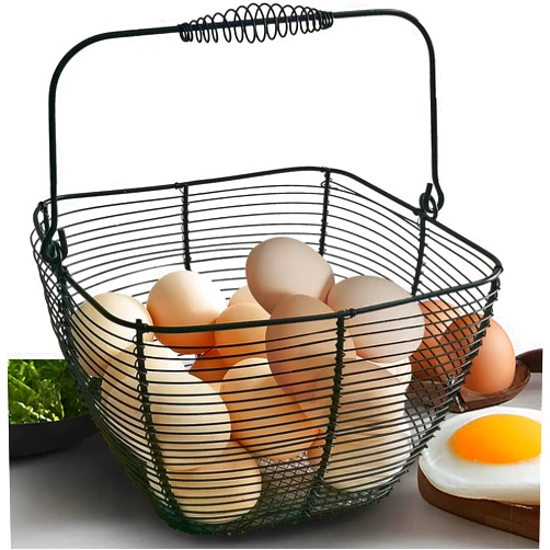Generic Black Square Wire Egg Basket For Fresh Egg with Handle,Famhouse Small Metal Egg Collecting Basket for Gathering Fresh Eggs Chicken Basket Decor for Kitchen Countertop Rustic Style