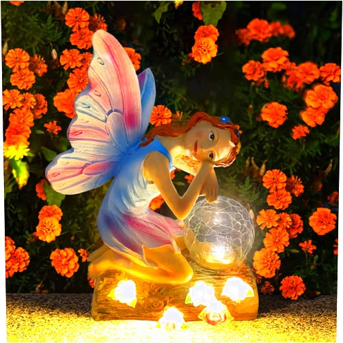 PERFECTOP Solar Angel Garden Statue Outdoor Decor, Resin Fairy Angel Elf Girl Figurine with Solar Lights, Garden Art for Patio Lawn Yard Porch Wedding Home Decoration, Valentine's Day Women Gifts