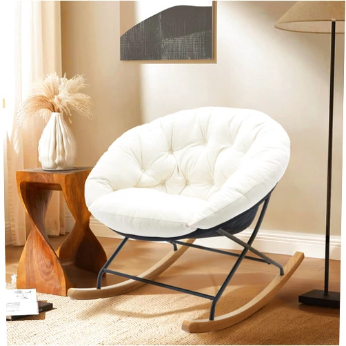 COLAMY Rocking Chair Nursery, Upholstered Glider Rocker Accent Chair Saucer Armchair with Comfy Cushions, Wood Base and Metal Legs for Living Room, Bedroom, Office, White