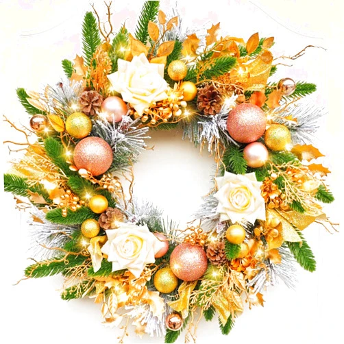 Perfnique 20'' Christmas Wreath for Front Door with Lights, Outdoor Winter Wreath with Champagne Gold Rose and Ball Ornaments, Indoor Artificial Wreath for Wall Window Mantle Home Holiday Decor(Gold)