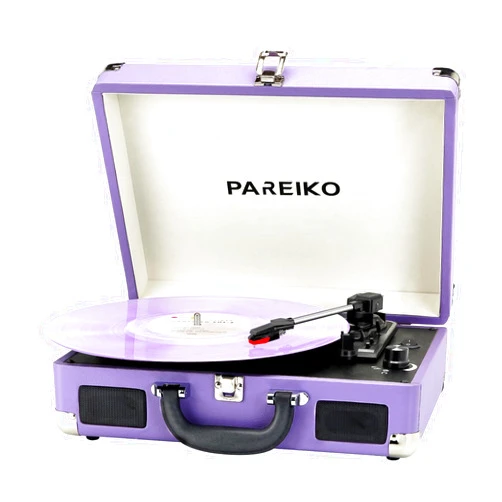 Pareiko 3 Speed Vinyl Record Player Bluetooth Turntable Vintage Record Player with Built-in Stereo Speakers Portable Built in Battery Lp Player Supports 3.5mm Headphone AUX Input RCA Line Out, Purple