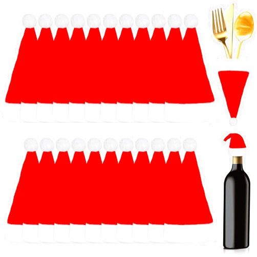 Auzesto 36Pcs Christmas Santa Hats Silverware Holders, Santa Hat Tableware Holders Xmas Hat Tableware Cutlery Bags Mini Santa Hats for Wine Bottle Xmas Party Dinner Table Dinnerware Decorations
