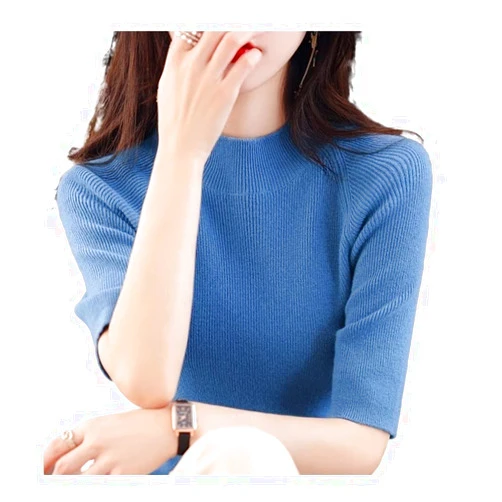 DULIDU Cashmere Sweater Women's Short Sleeve Pullover Women's Sweater Short Sleeve Slim Fit Knit Top (Color : Haze Blue, Size : S)