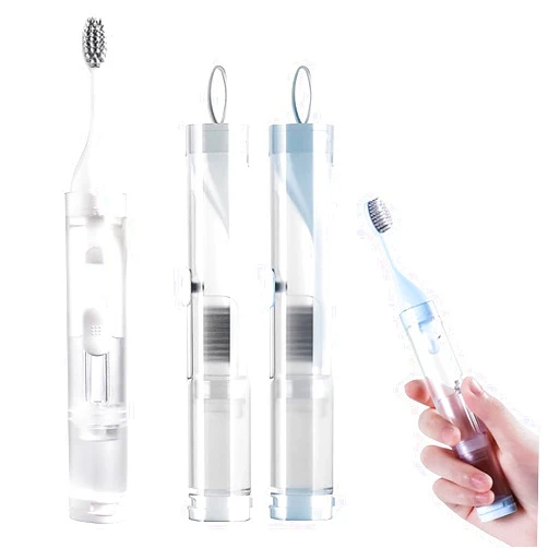 Kulusion 2Pcs Toothbrushes Kit Fold Travel Size Built-in Travel Toothpaste Container, Including 2 Cleaner Head Soft Bristles for Travel, Camping, School, Business Trip (Blue, White)