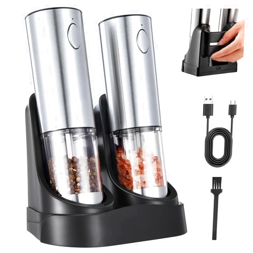 SANMOON Electric Salt and Pepper Grinder Set — Automatic Rechargeable Salt / Pepper Grinder with Charging Base and LED Light, Adjustable Coarseness, Large Capacity, One-handed Operation Salt Pepper Mills