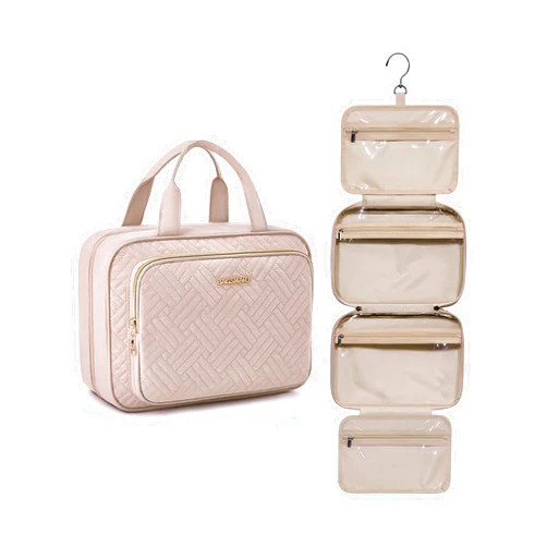 BAGSMART Travel Toiletry Bag Hanging Travel Makeup Organizer Cosmetic Bag Makeup Bag for Full Sized Toiletries, Basic-Pink