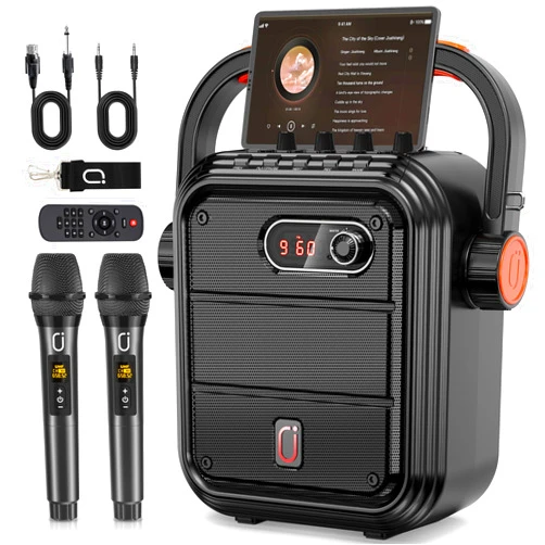 JYX Karaoke Machine with 2 Wireless Microphones, 5200mAh Portable Speaker Set Bluetooth 5.0 Rechargeable PA System with TWS,FM, REC,Stage Subwoofer Supports BT/USB/TF Card/Aux for Party