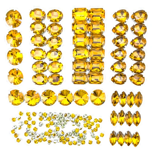 Towenm 58PCS Large Sew On Glass Rhinestone + 102PCS Sewing Claw Rhinestone, Flatback Sew on Crystals for Crafts, Costume, Clothes, Jewelry (Topaz/Yellow Gold, Mixed Shapes)