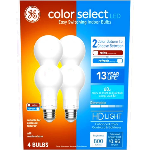 GE A19 LED Bulbs, 60W Equivalent, 2CCT Color Select Relax Soft White | Refresh Daylight, Enclosed Fixture Rated, 8W, 800 Lumens, Glass, Dimmable, UL Listed, E26 Medium Base (4 Pack)