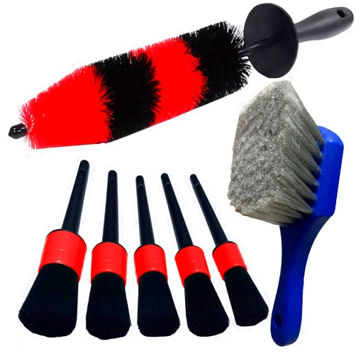 LUCKLYJONE 7Pcs Wheel & Tire Brush, car Detailing kit, 17inch Long Soft Wheel Brush 5 car wash Detail Brush car wash kit for Cleans Dirty Tires & Releases Dirt and Road Grime, Short Handle Red
