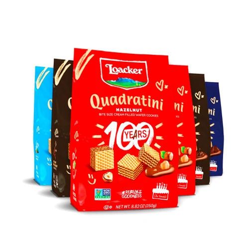 Loacker Quadratini Variety Pack Wafer Cookies LARGE - 30% Less Sugar - Mix of Hazelnut, Dark Chocolate, Vanilla and Chocolate - Premium Crispy Bite Size Wafers - LARGE Pack of 6