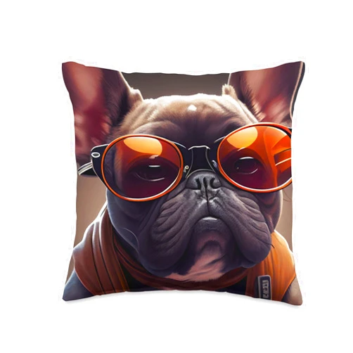 Funny and Cute Dog Lover Unique Digital Art Cute Adorable French Bulldogs with Sunglasses Digital Art Throw Pillow, 16x16, Multicolor