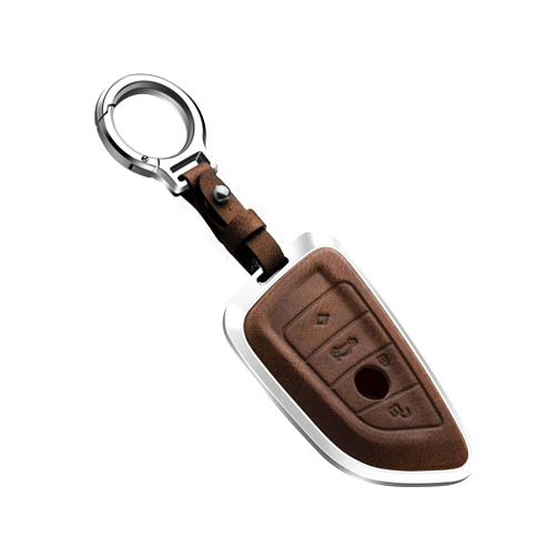 WelaDawn Leather KeyChain, Car Key Fob Cover, Brown Key Fob Shell Compatible with BMW X1 X3 X5 X6 X7 1 2 3 5 7 Serise, Car Accessory Metal Key Ring