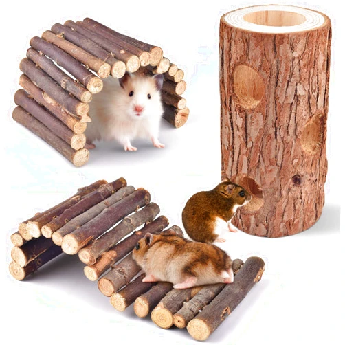 Bissap 3PCS Hamster Toys, Natural Guinea Pig Wooden Ladder Bridge Forest Hollow Tree Trunk Hideout for Dwarf Syrian Hamsters Mice Gerbils Chinchilla Cage Accessories Climbing Hides Toy