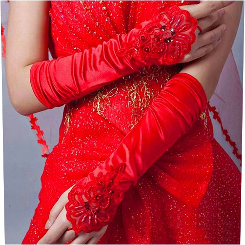 Zehory Long Wedding Gloves Stain Opera Gloves 1920S Party Prom Elbow Length Lace Fingerless Hand Glove for Women and Girls (Red)