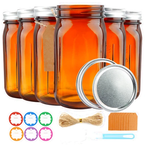 CARBLIN 6 Pack Mason Jars 32 oz, Amber Wide Mouth Canning Jars with Airtight Lids, Glass Pint Jars with Bands Labels Brush, Large Storage Quart Jars for Jam Fermenting Preserving