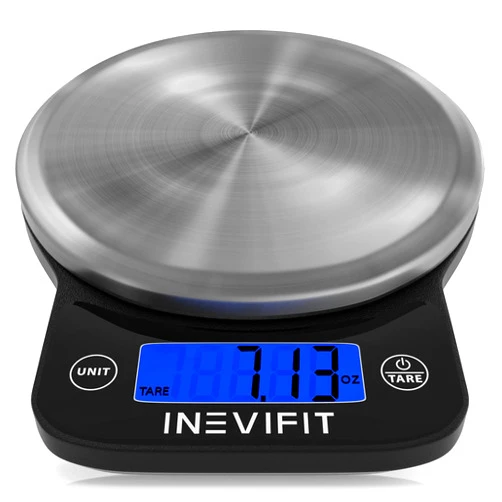 INEVIFIT Digital Kitchen Scale, Highly Accurate Multifunction Food Scale 13 lbs 6kgs Max, Clean Modern Black with Premium Stainless Steel Finish. Includes Batteries
