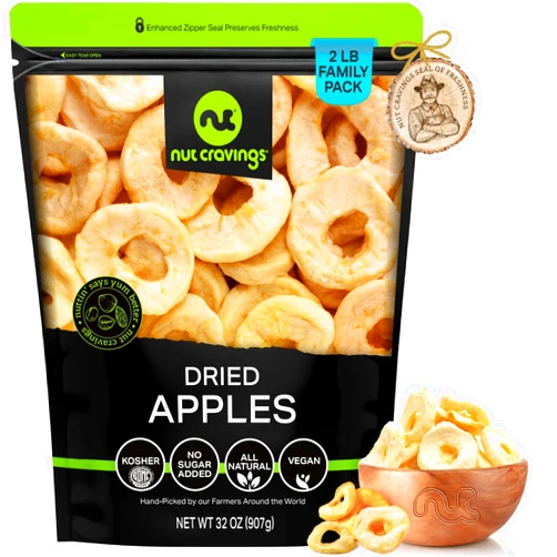 NUT CRAVINGS Dry Fruits - Dried Apple Rings Slices, No Sugar Added - Chewy Soft Texture (32oz - 2 LB) Packed Fresh in Resealable Bag - Sweet Snack, Healthy Food, All Natural, Vegan, Kosher Certified