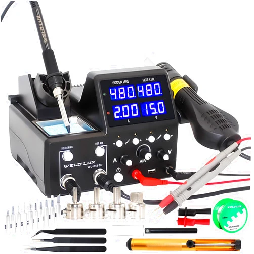 YCDUS Weld Lux 3 In 1 SMD Soldering Station, Hot Air Rework Soldering Iron Station, DC Power Supply 0-15V 0-2A with 5V/2A USB Charging Port, output and test modes, Digital Cal, Sleep Function
