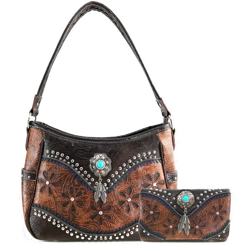 Justin West Cowgirl Leather Cut Concealed Carry Feather Concho Country Vintage Western Handbag Purse Wallet Set