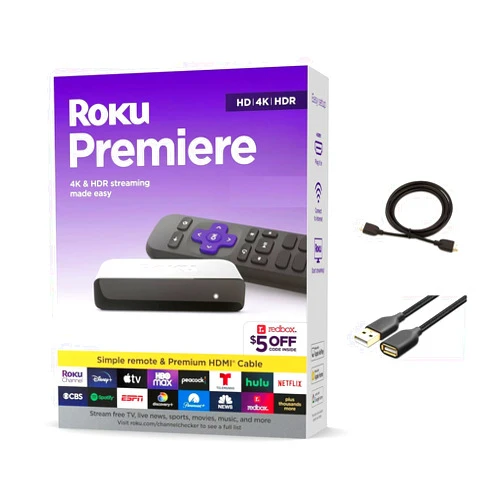 Roku 3920RW-SW Premiere - 4K/HDR Streaming Media Player, Enabled with Premium High Speed HDMI Cable & Simple Remote, Wi-Fi, with HDMI Cable and USB Extension Cord