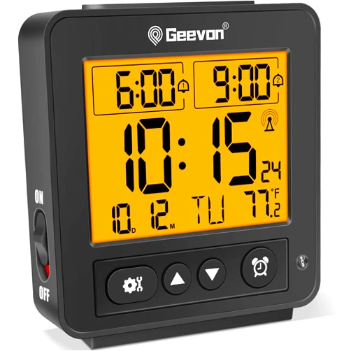 Geevon Small Atomic Travel Alarm Clock with Auto/8s Backlight, 2 Alarm Settings, Temperature, Increasing Beep Sounds Digital Atomic Travel Clock Battery Operated for Bedroom, Bedside