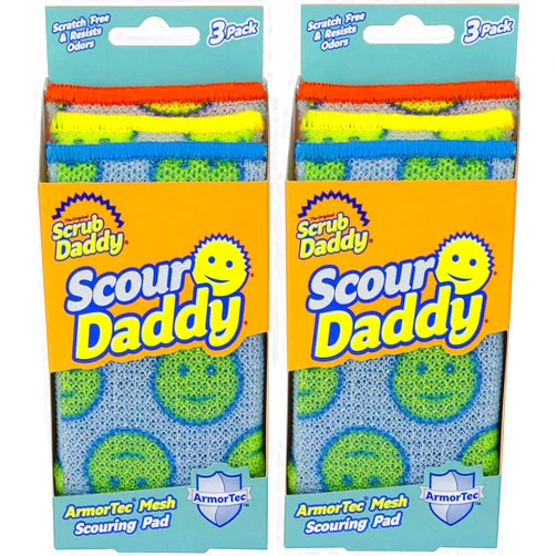 Scrub Daddy Scour Pads - Scour Daddy - Multi-Surface Scouring Pad, Absorbent, Durable, FlexTexture Sponge, Soft in Warm Water, Firm in Cold, Scratch Free, Odor Resistant, Easy to Clean 3ct (Pack of 2)