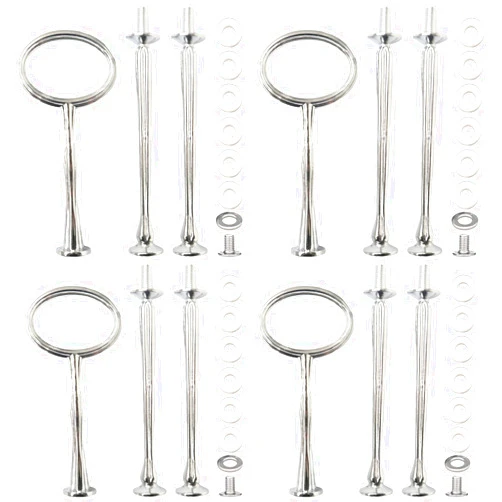 ROSE CREATE 4 Sets 15’’ 3-Tier Cake Tray Stand Handle, Multi-tier Metal Dessert Fruit Center Rod Heavy Duty Hardware Holder for Wedding Party Birthday Cupcake Platter Stand Fittings - Silver Oval