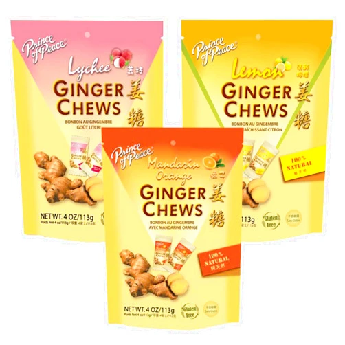 TrulSale (Variety Pack of 3)Ginger Chew Variety Snack Pack Bundle Include 1pc Lemon Flavor 4oz, 1pc lychee Flavor 4oz, 1pc Orange Flavor 4oz total 12oz great for nausea motion sickness relief Exotic Mix