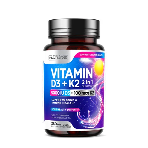 Built by Nature Vitamin D3 K2 with Cold Pressed Extra Virgin Olive Oil – 5000 IU Vitamin D, 100mcg Vitamin K MK-7 Supplement – Easy to Swallow Mini Soft Gels - 1 Year Supply - 360 Softgels