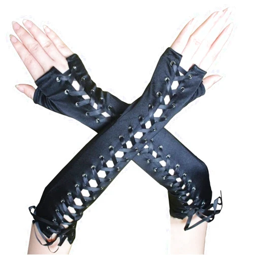 COSFAN Fingerless Lace Up Gloves,Women Steampunk Gloves,Elbow Length Satin Gloves,Black Long Opera Gloves