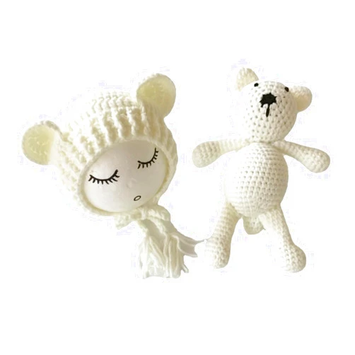 Ederafoto Newborn Photography Props Bear Hat Baby Photoshoots Outfits Photo Posing Crochet Bear Doll Knit Toy Accessories