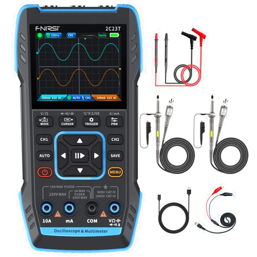 FNIRSI 2C23T Digital Oscilloscope Multimeter DDS Generator 3 in 1, 2 Channels, 10MHz Bandwidth, 50MSa/s Sampling Rate, 10000 Counts, Voltage, Current, Capacitor, Resistor, Diode Test