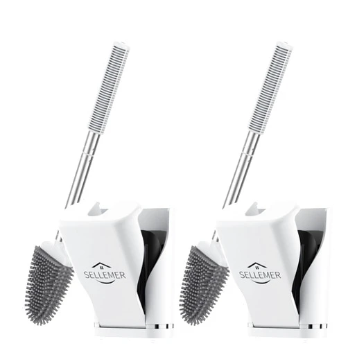 Sellemer Upgraded Ventilation Design Toilet Brush - Sellemer Toilet Brush and Holder Set with Silicone Bristles to Easily Clean Dead Corners (2 Pack, White)