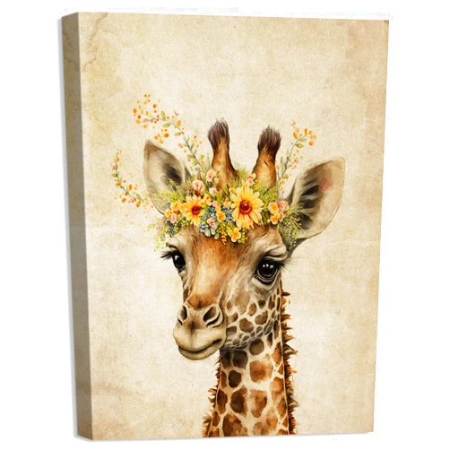 Baby Plum Funny Animals Canvas Wall Art Cute Giraffe with Flower Prints Picture Rustic Painting Artwork for Bathroom Bedroom Kids Nursery Room Decor, Stretched and Framed,12