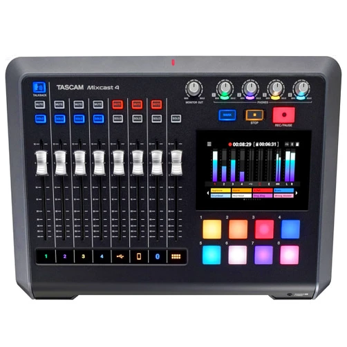 TASCAM Mixcast 4 Podcast Streaming Mixer, Recorder, and USB Audio Interface — Four XLR/TRS Mic Inputs, Touch Screen and Editing Software Included