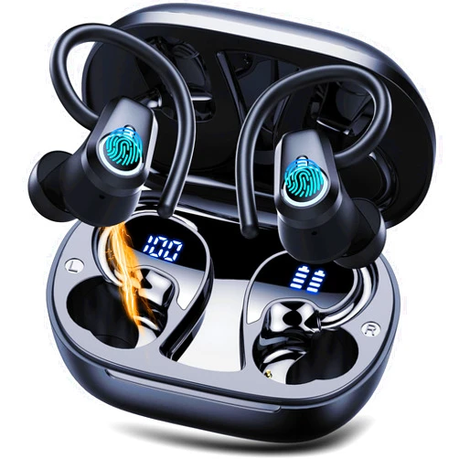 Poounur Wireless Earbuds, Sport Headphones Bluetooth 5.3, Ear buds Wireless Earbuds Bluetooth, 50H Playtime HD Stereo Noise Cancelling Earbuds, Dual LED Display, IP7 Waterproof Running Earphones, Deep Black